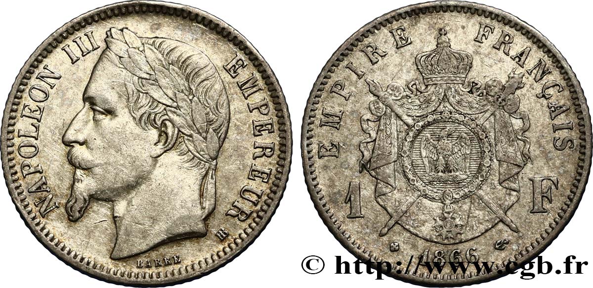 1 franc Napoléon III, tête laurée 1866 Strasbourg F.215/4 XF48 