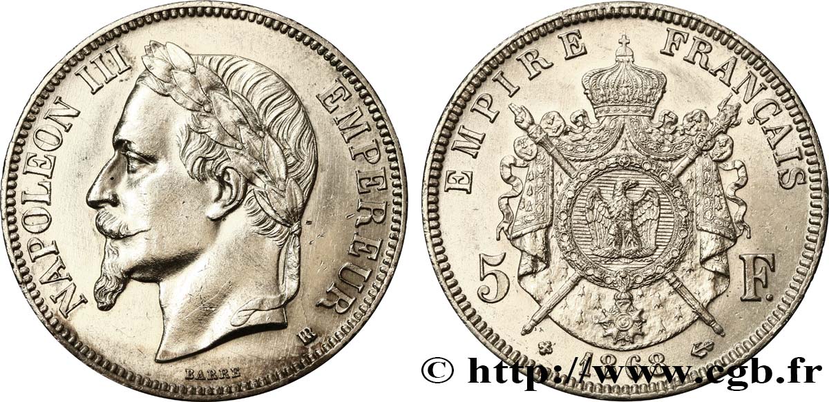 5 francs Napoléon III, tête laurée 1868 Strasbourg F.331/13 SUP58 