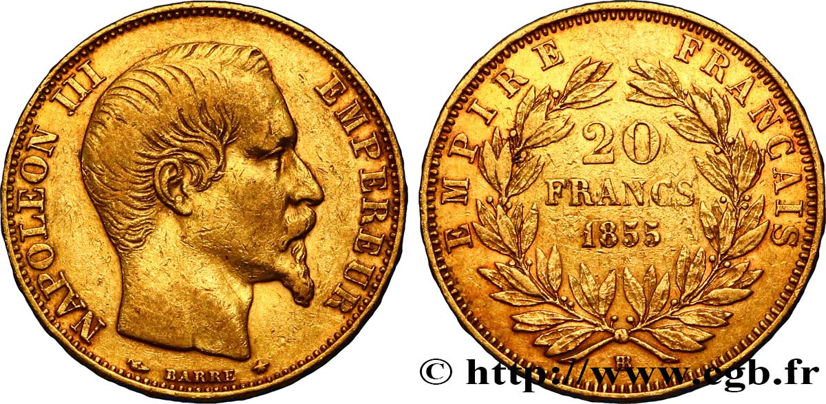 20 francs or Napoléon III, tête nue 1855 Strasbourg F.531/5 XF42 