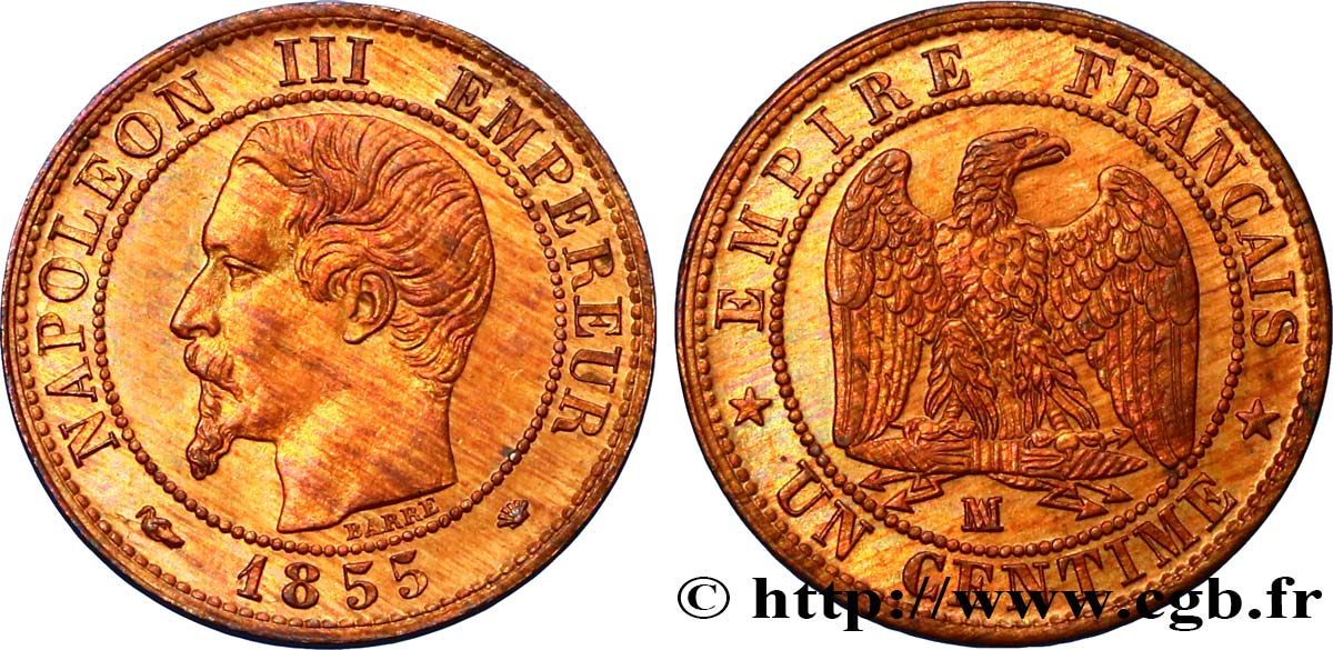 Un centime Napoléon III, tête nue 1855 Marseille F.102/23 SUP60 