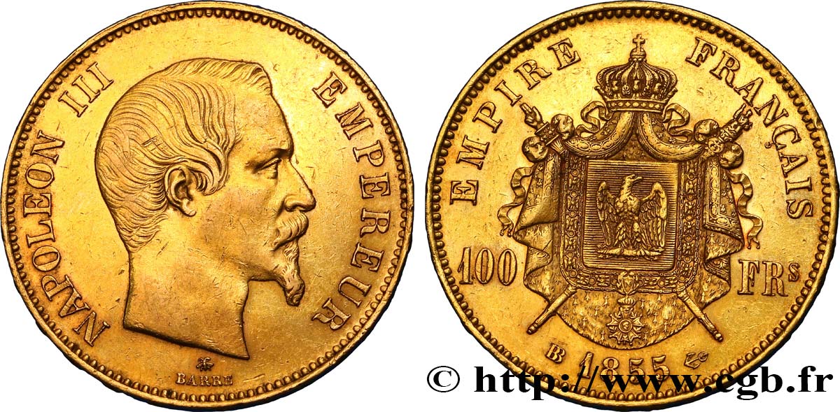 100 francs or Napoléon III, tête nue 1855 Strasbourg F.550/2 TTB45 