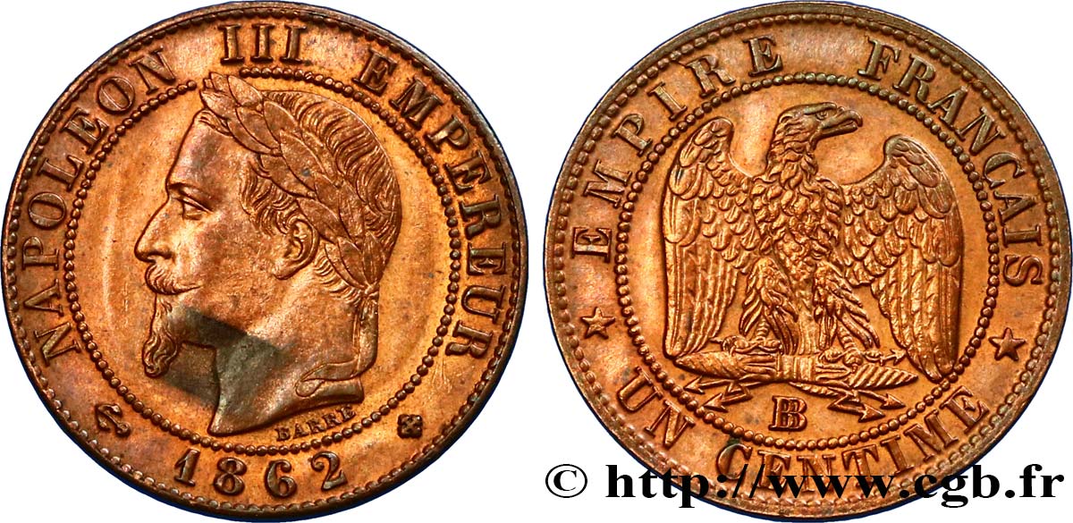 Un centime Napoléon III, tête laurée, grand BB 1862 Strasbourg F.103/6 EBC58 