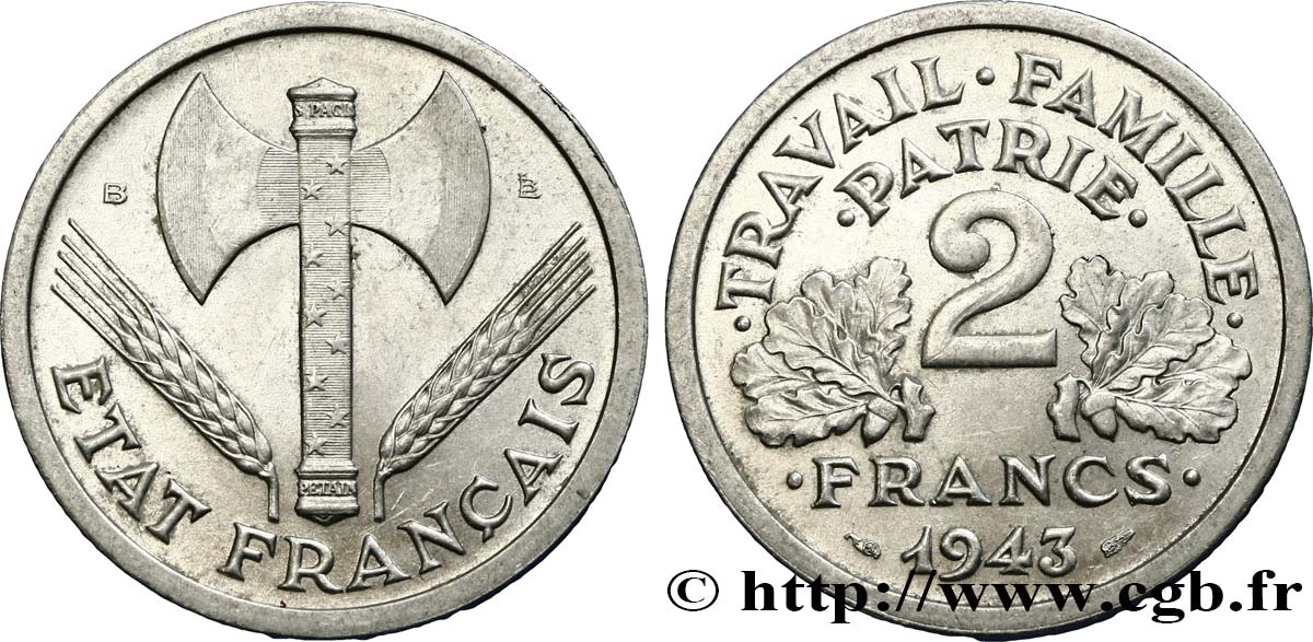 2 francs Francisque 1943 Beaumont-Le-Roger F.270/3 VZ58 
