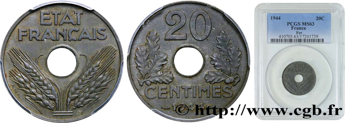 20 centimes fer 1944  F.154/3 SPL63 PCGS