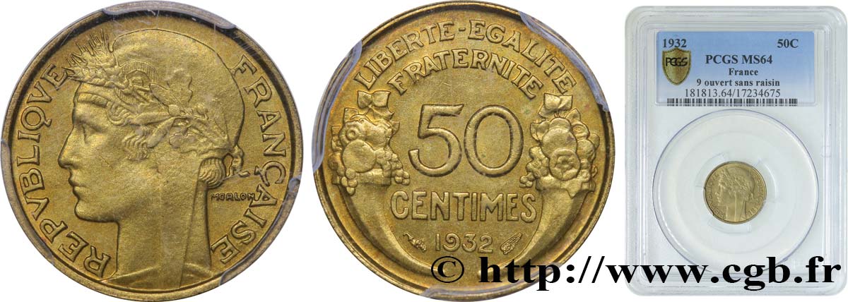 50 centimes Morlon, sans raisin ni fruit, 9 et 2 ouverts 1932  F.192/8 SPL64 PCGS