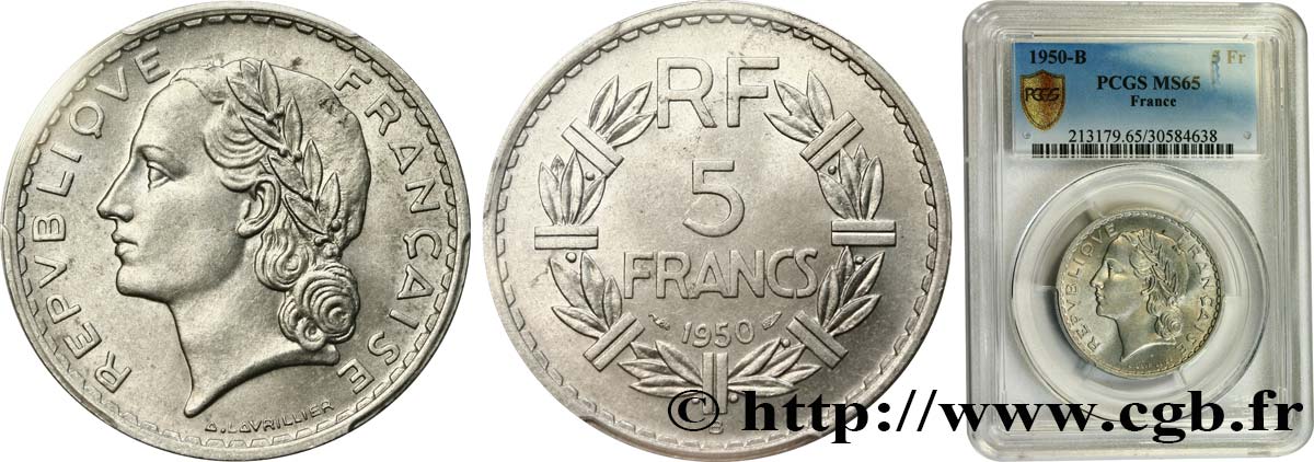 5 francs Lavrillier, aluminium 1950 Beaumont-Le-Roger F.339/21 FDC65 PCGS
