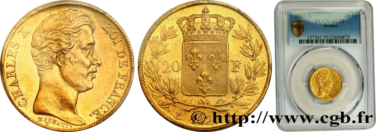 20 francs or Charles X, matrice du revers à quatre feuilles et demie 1827 Paris F.520/6 EBC55 PCGS