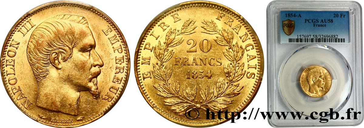 20 francs or Napoléon III, tête nue 1854 Paris F.531/2 EBC58 PCGS