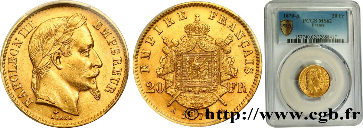 20 francs or Napoléon III, tête laurée 1870 Paris F.532/23 VZ62 PCGS