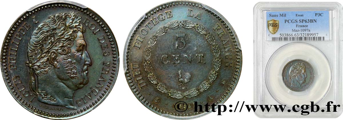 Essai de 3 centimes au coq n.d. Paris VG.2808  SPL63 PCGS