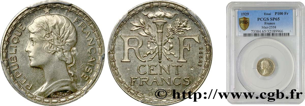 Concours de 100 francs, essai de Guilbert, petit module en maillechort 1929  VG.5219 var. FDC65 PCGS