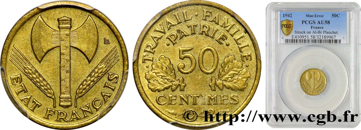50 centimes Francisque, lourde, frappe fautée sur flan de Morlon 1942  F.195/3 var. TTB53 