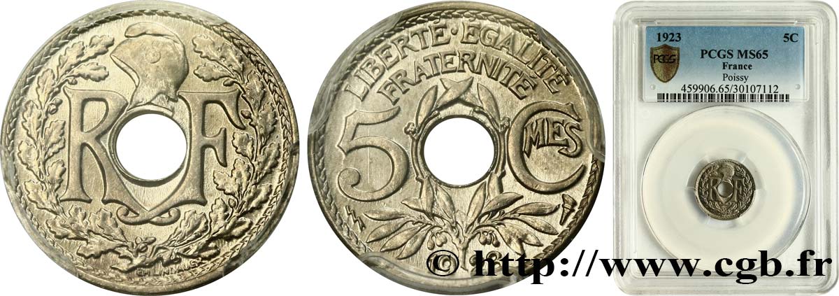 5 centimes Lindauer, petit module 1923 Poissy F.122/7 FDC65 PCGS