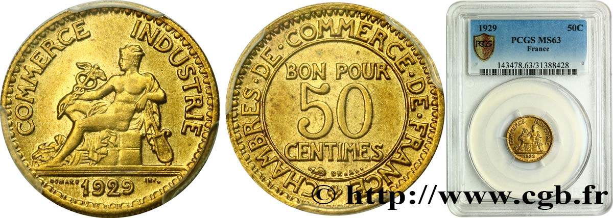 50 centimes Chambres de Commerce 1929 Paris F.191/11 fST63 PCGS