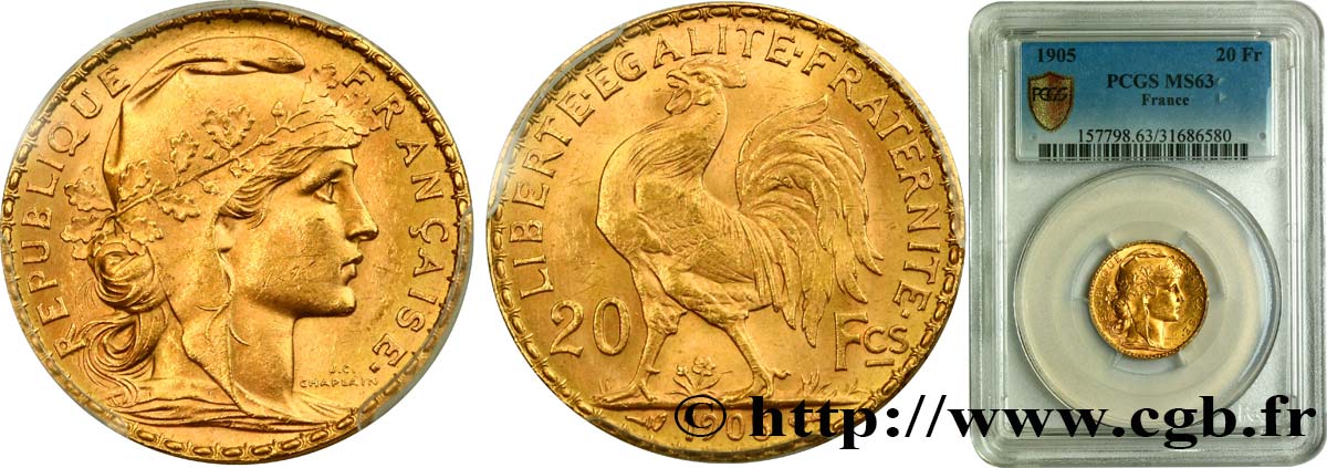 20 francs or Coq, Dieu protège la France 1905 Paris F.534/10 SC63 PCGS