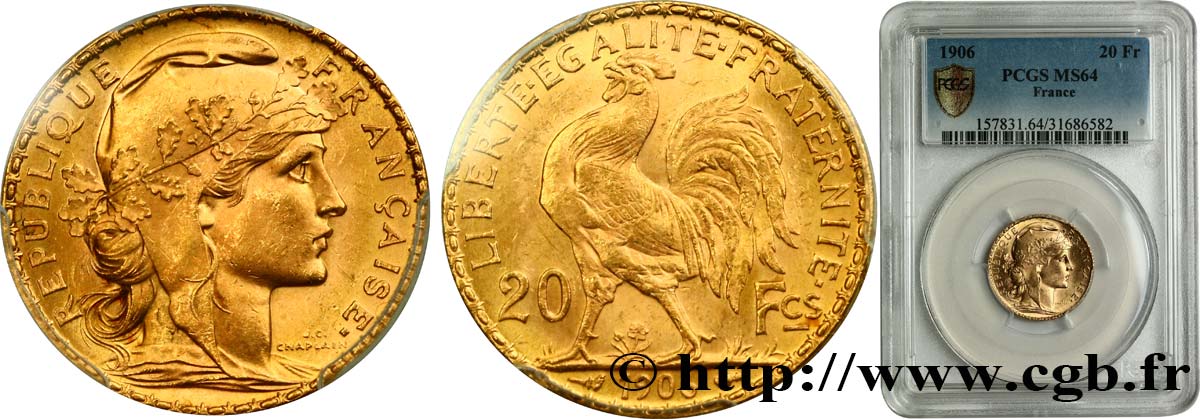 20 francs or Coq, Dieu protège la France 1906 Paris F.534/11 SC64 PCGS