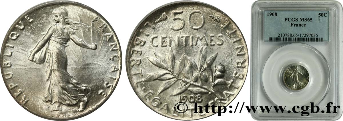 50 centimes Semeuse 1908 Paris F.190/15 FDC65 PCGS