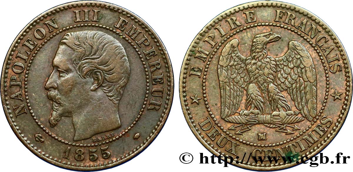 Deux centimes Napoléon III, tête nue 1855 Marseille F.107/36 MBC45 