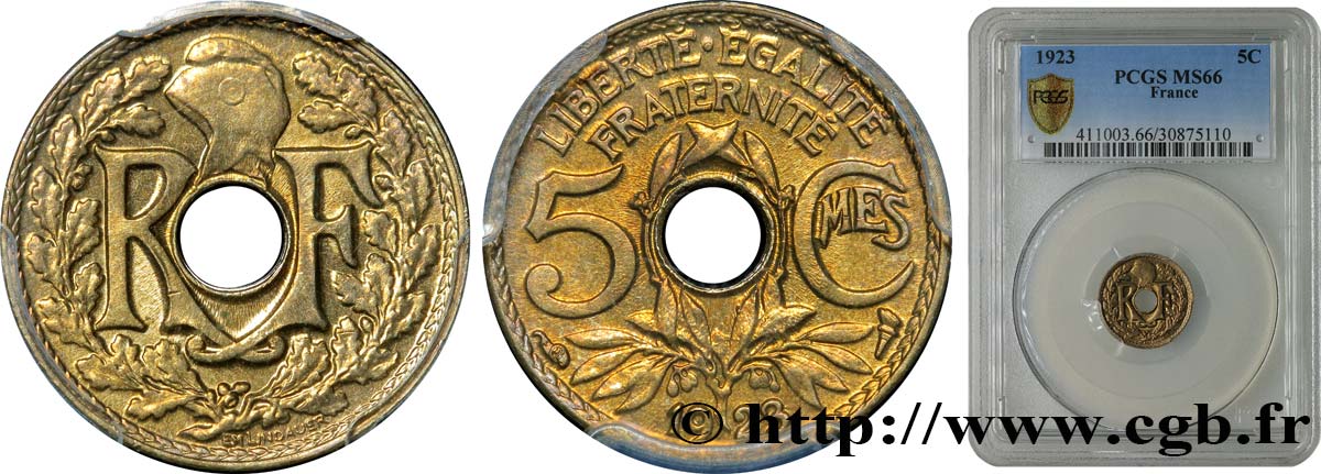5 centimes Lindauer, petit module 1923 Paris F.122/6 ST66 PCGS