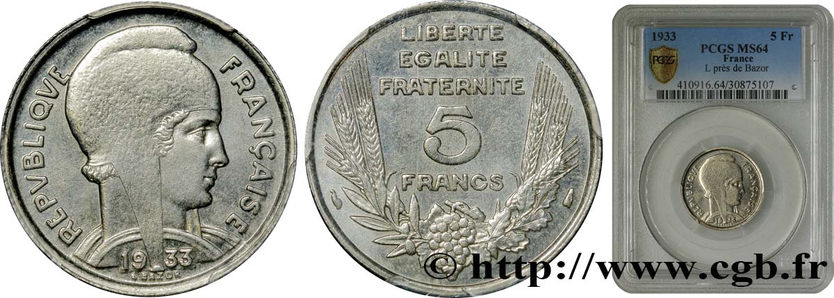5 francs Bazor 1933  F.335/3 SPL64 PCGS