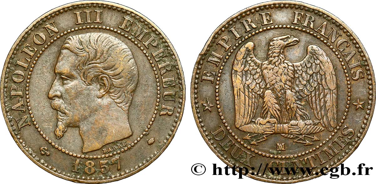 Deux centimes Napoléon III, tête nue 1857 Marseille F.107/50 MBC40 