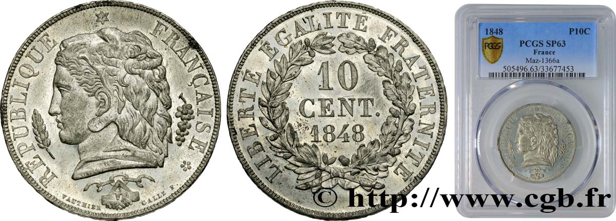 Concours de 10 centimes, essai en étain par Vauthier-Galle 1848 Paris VG.3155 var. SC63 PCGS
