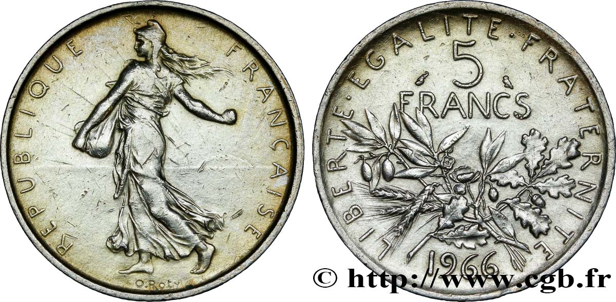 5 francs Semeuse, argent 1966 Paris F.340/10 AU50 