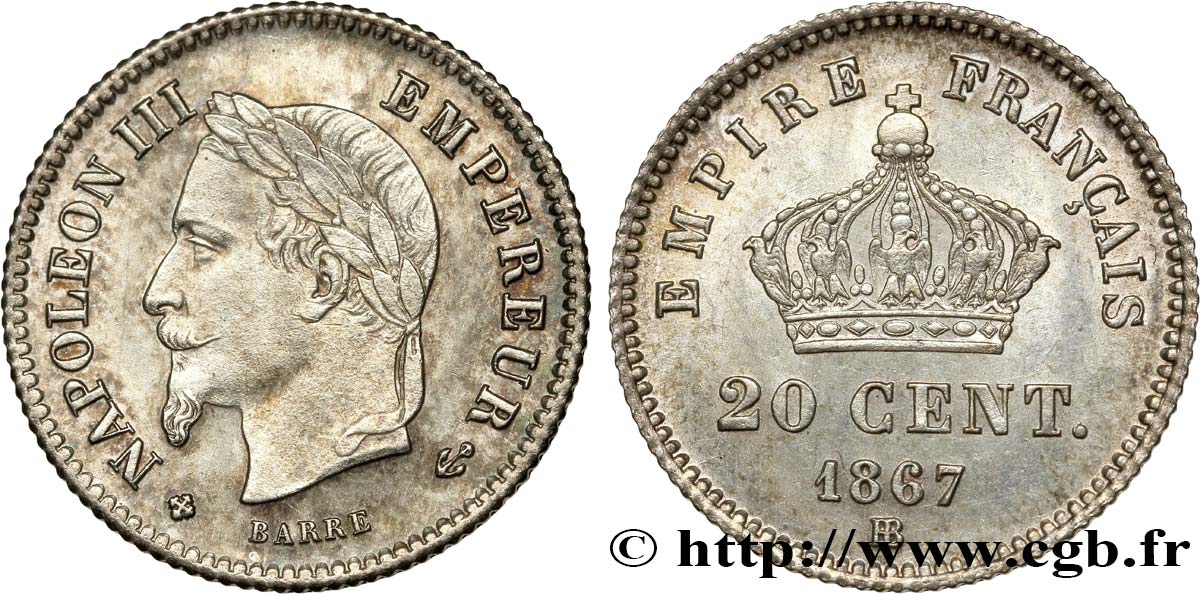 20 centimes Napoléon III, tête laurée, grand module 1867 Strasbourg F.150/2 SPL63 