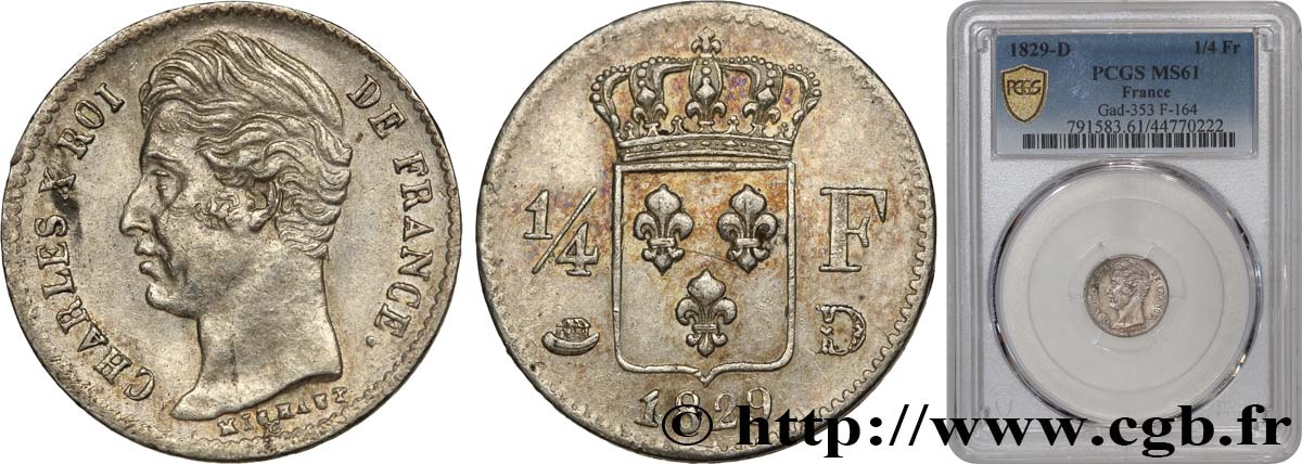 1/4 franc Charles X 1829 Lyon F.164/32 MS61 PCGS