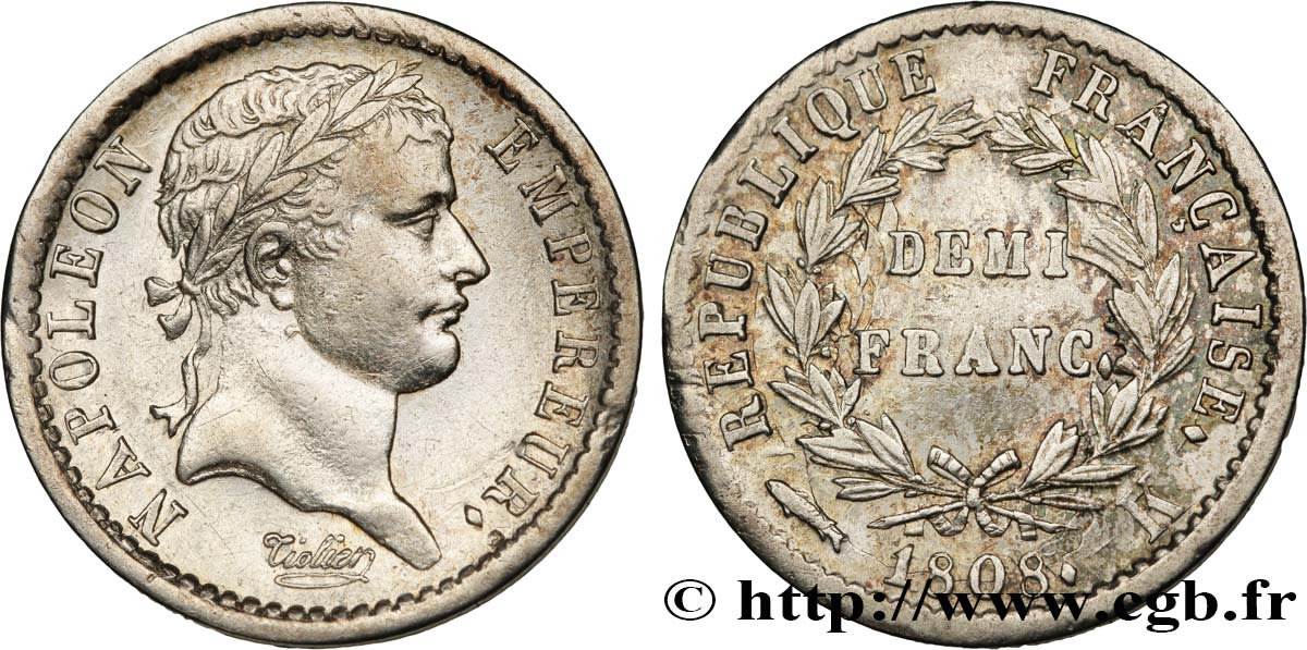 Demi-franc Napoléon Ier tête laurée, République française, buste fin 1808 Bordeaux F.177/9 SS48 