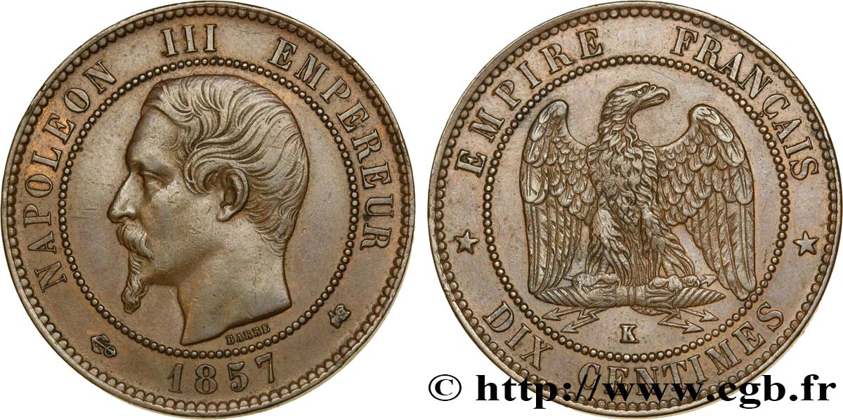 Dix centimes Napoléon III, tête nue 1857 Bordeaux F.133/44 AU50 