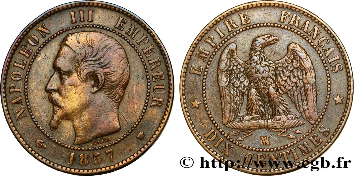 Dix centimes Napoléon III, tête nue 1857 Marseille F.133/45 XF42 