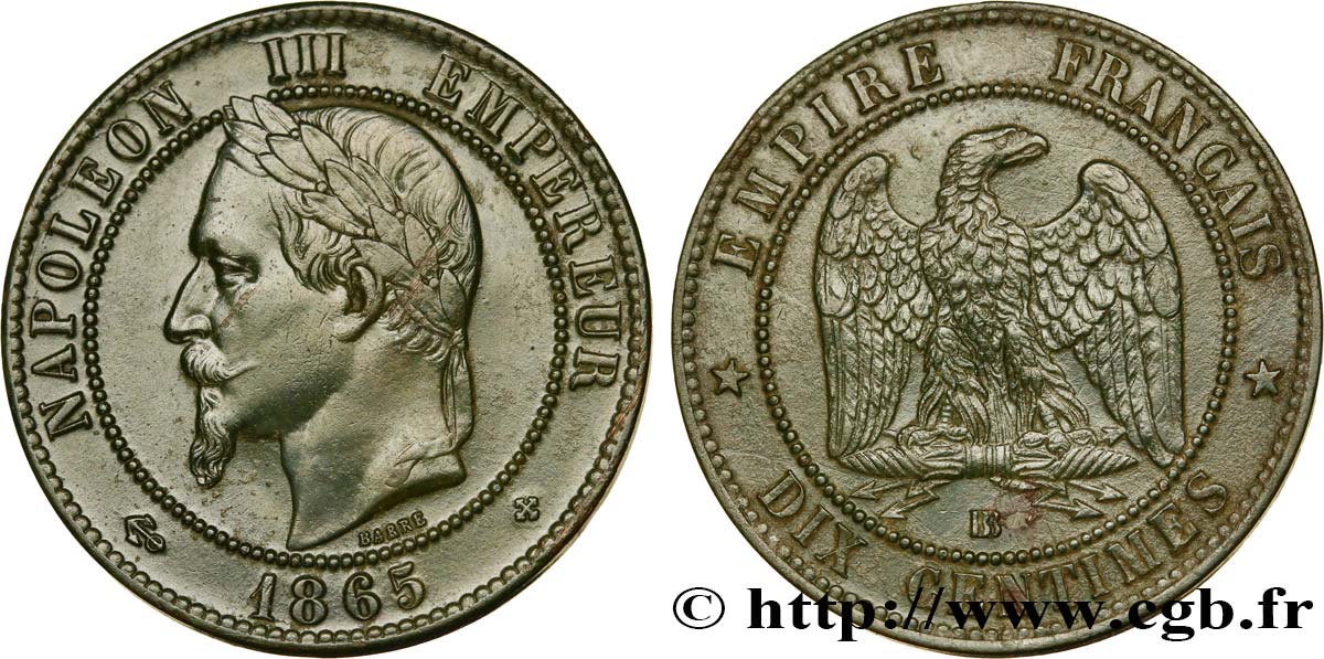 Dix centimes Napoléon III, tête laurée 1865 Strasbourg F.134/17 EBC55 