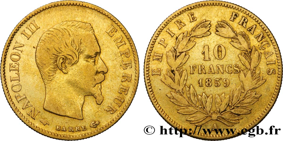 10 francs or Napoléon III, tête nue 1859 Paris F.506/7 VF25 