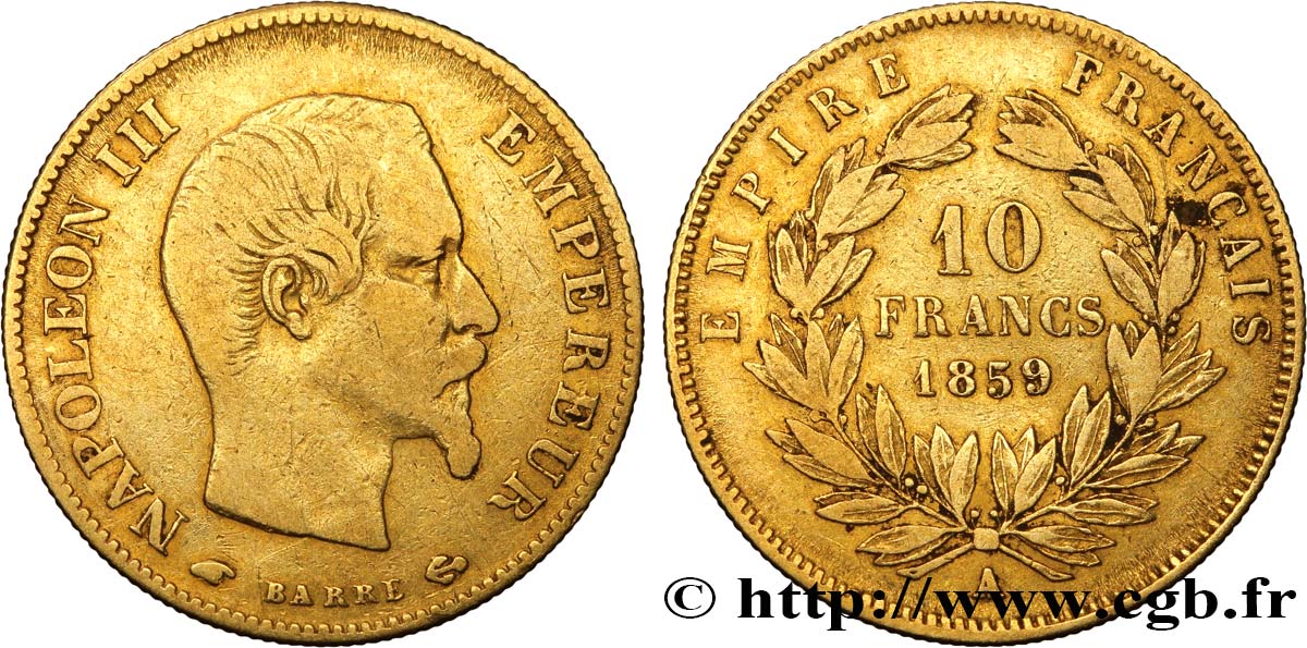 10 francs or Napoléon III, tête nue 1859 Paris F.506/7 S25 