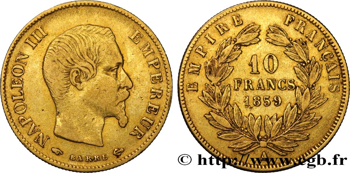 10 francs or Napoléon III, tête nue 1859 Paris F.506/7 MB35 