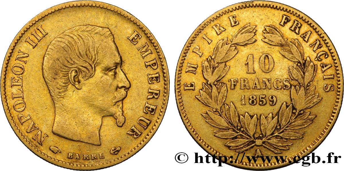 10 francs or Napoléon III, tête nue 1859 Paris F.506/7 TB35 