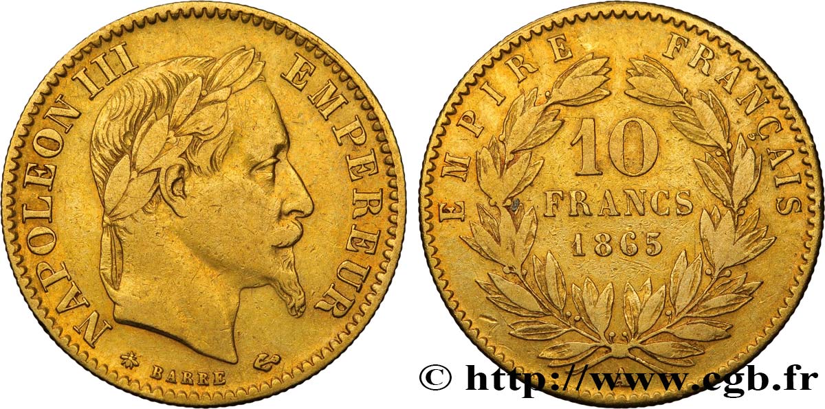 10 francs or Napoléon III, tête laurée 1865 Paris F.507A/9 XF45 