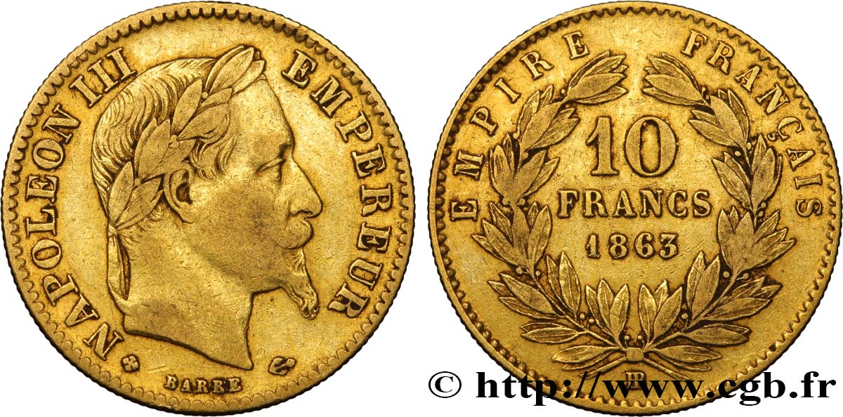 10 francs or Napoléon III, tête laurée, type définitif à grand 10 1863 Strasbourg F.507A/4 TTB40 