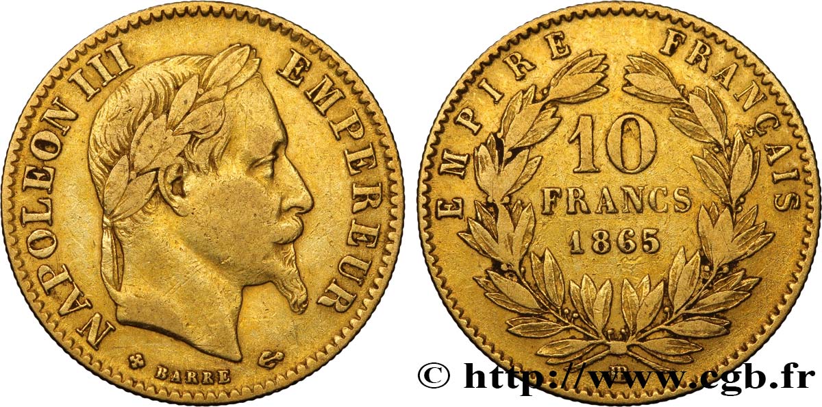 10 francs or Napoléon III, tête laurée 1865 Strasbourg F.507A/10 TTB40 