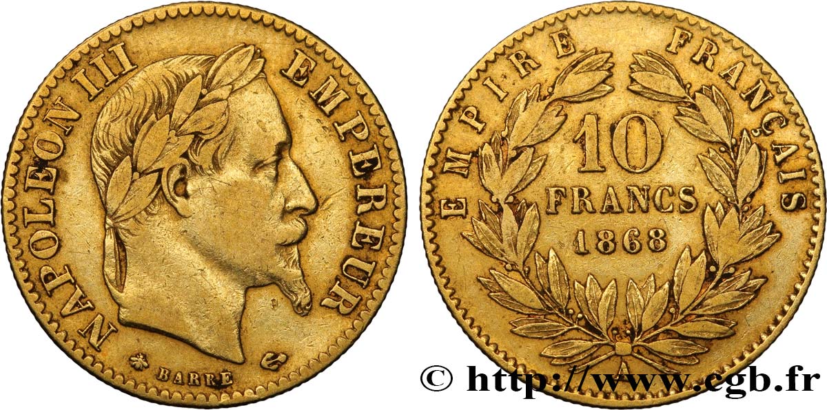 10 francs or Napoléon III, tête laurée, type définitif à grand 10 1868 Paris F.507A/17 XF40 
