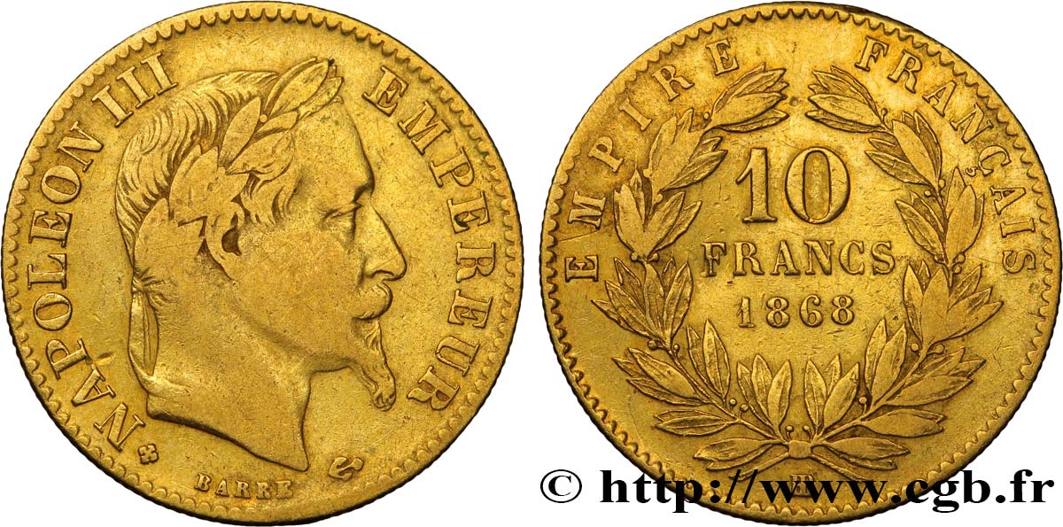 10 francs or Napoléon III, tête laurée 1868 Strasbourg F.507A/18 SS40 