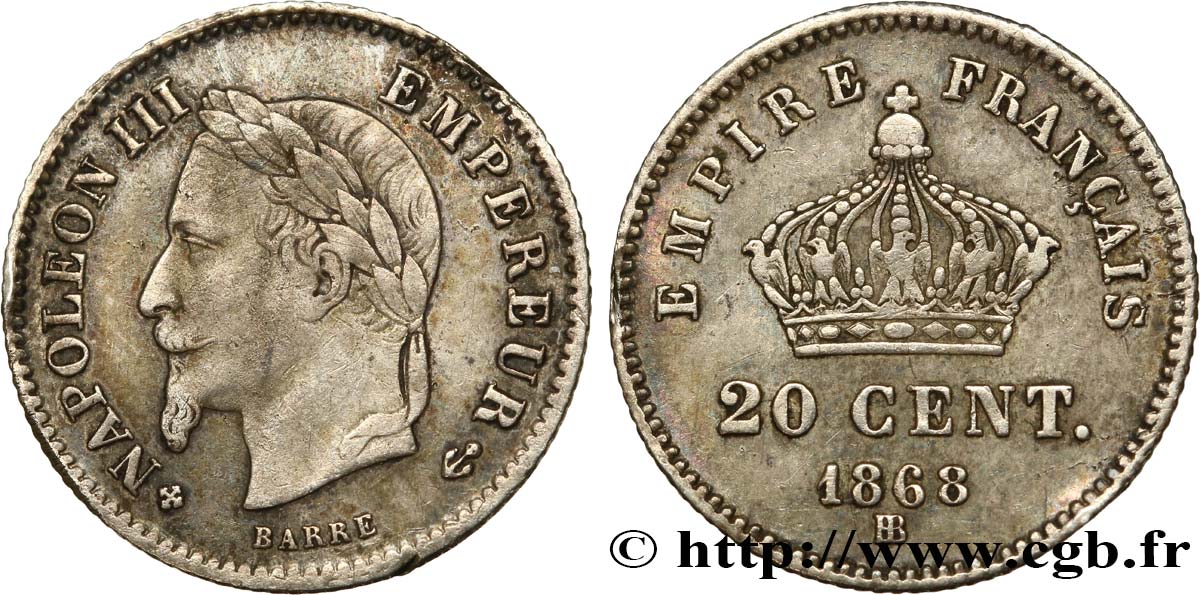 20 centimes Napoléon III, tête laurée, grand module 1868 Strasbourg F.150/5 BB45 