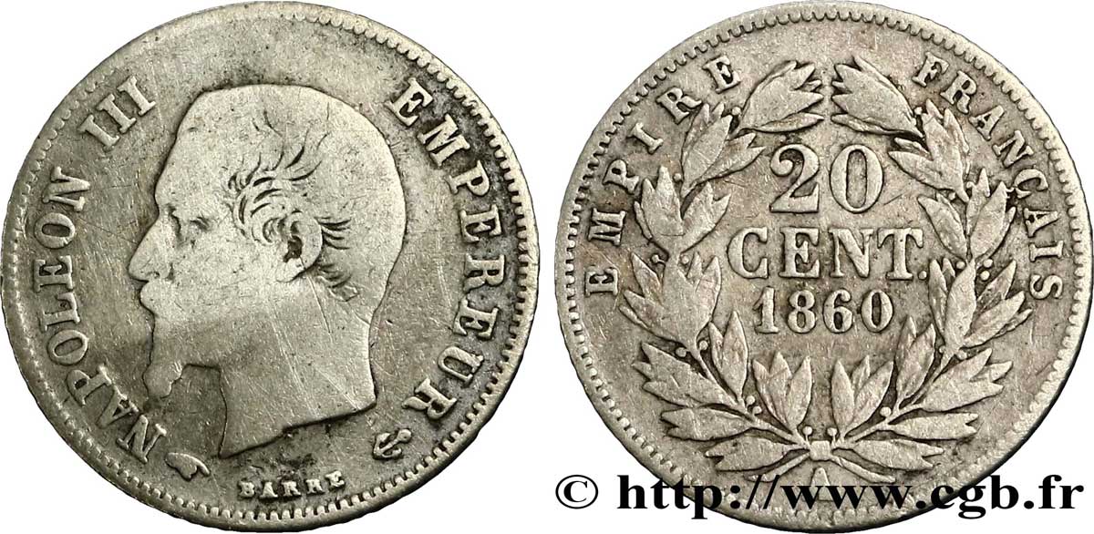 20 centimes Napoléon III, tête nue 1860 Paris F.148/14 B10 