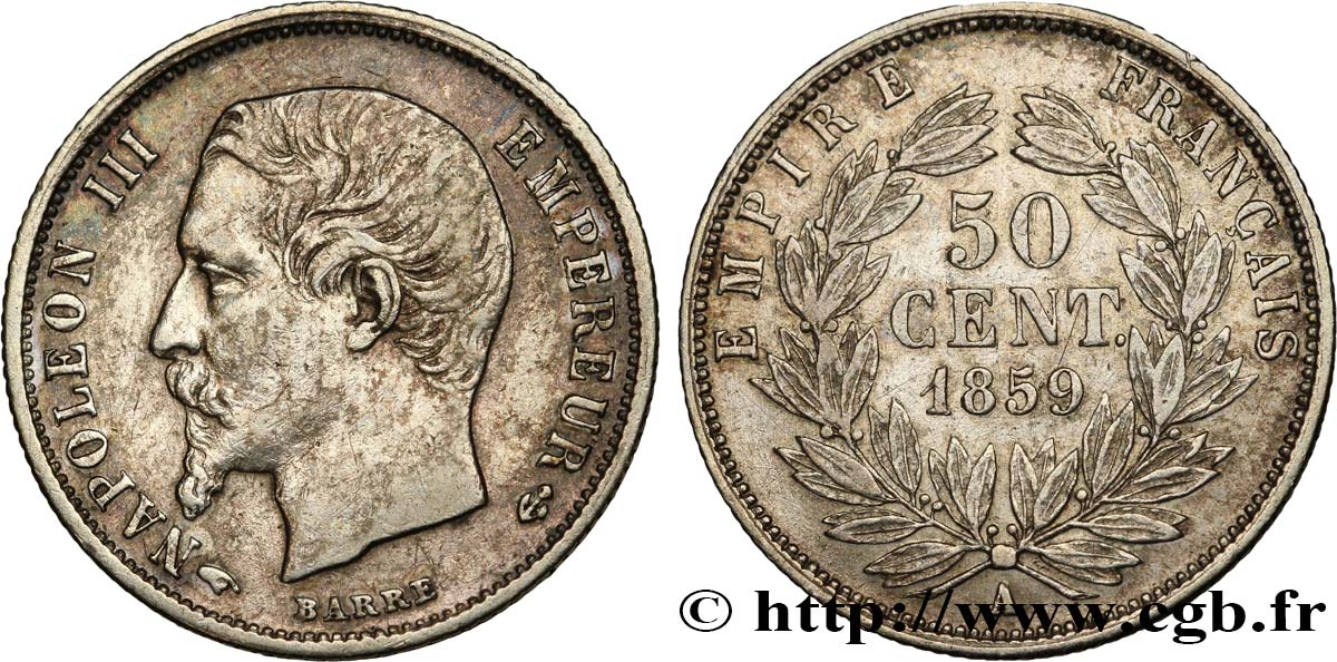 50 centimes Napoléon III, tête nue 1859 Paris F.187/10 XF48 