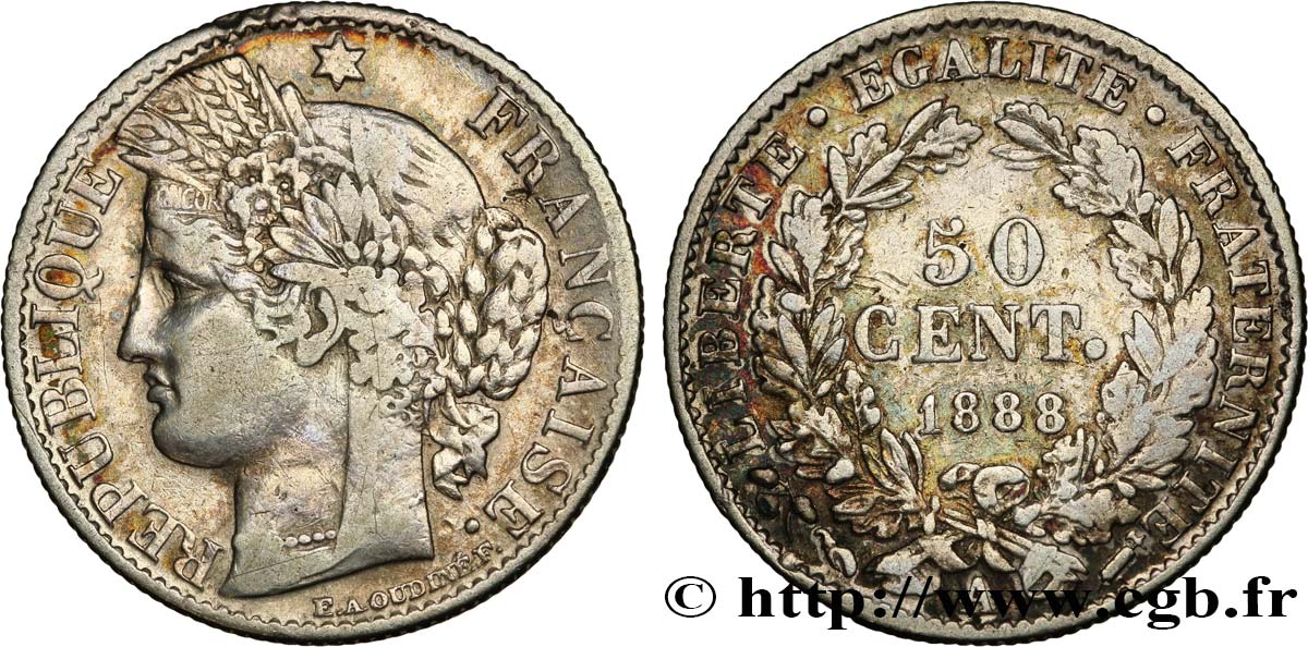 50 centimes Cérès, IIIe République 1888 Paris F.189/13 TB38 