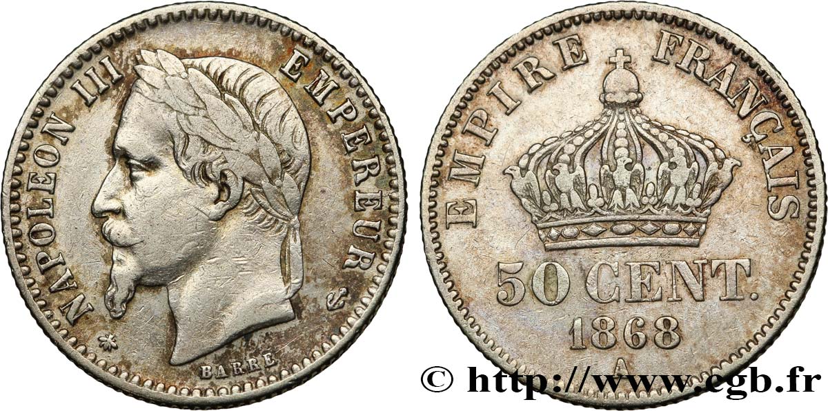 50 centimes Napoléon III, tête laurée 1868 Paris F.188/20 MBC40 