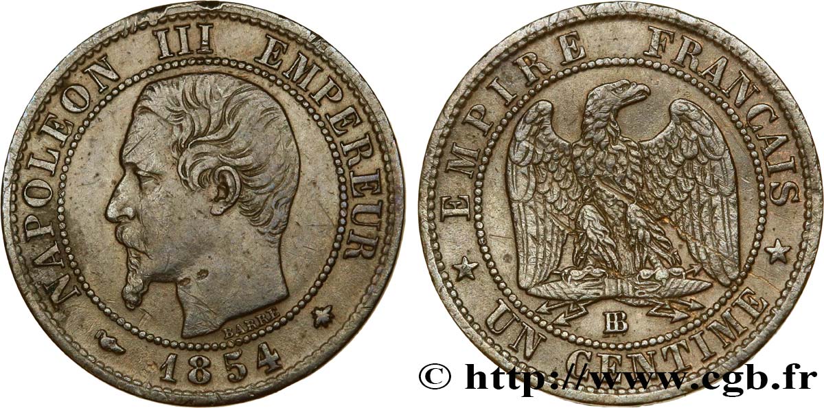 Un centime Napoléon III, tête nue 1854 Strasbourg F.102/11 BB42 