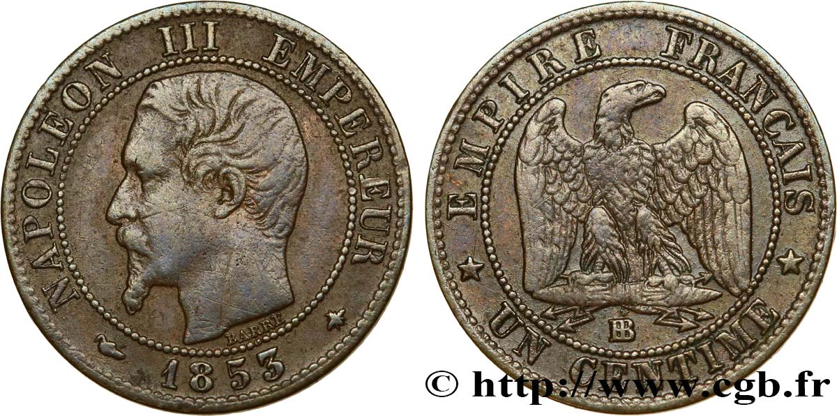 Un centime Napoléon III, tête nue 1853 Strasbourg F.102/3 TTB40 