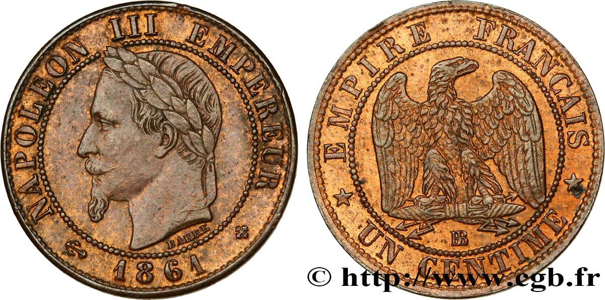 Un centime Napoléon III, tête laurée 1861 Strasbourg F.103/2 TTB50 